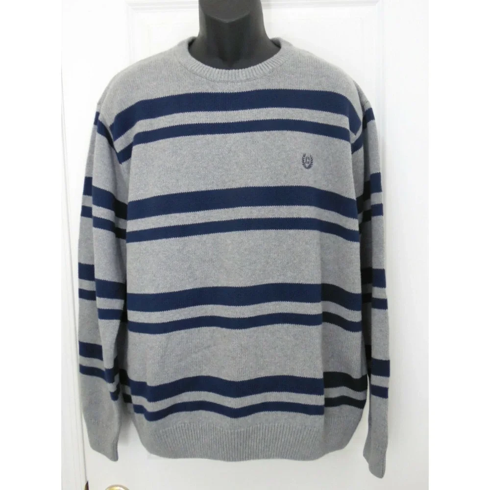 Chaps‎ Mens Striped Crew Neck Sweater, Gray & Blue Knit Pullover